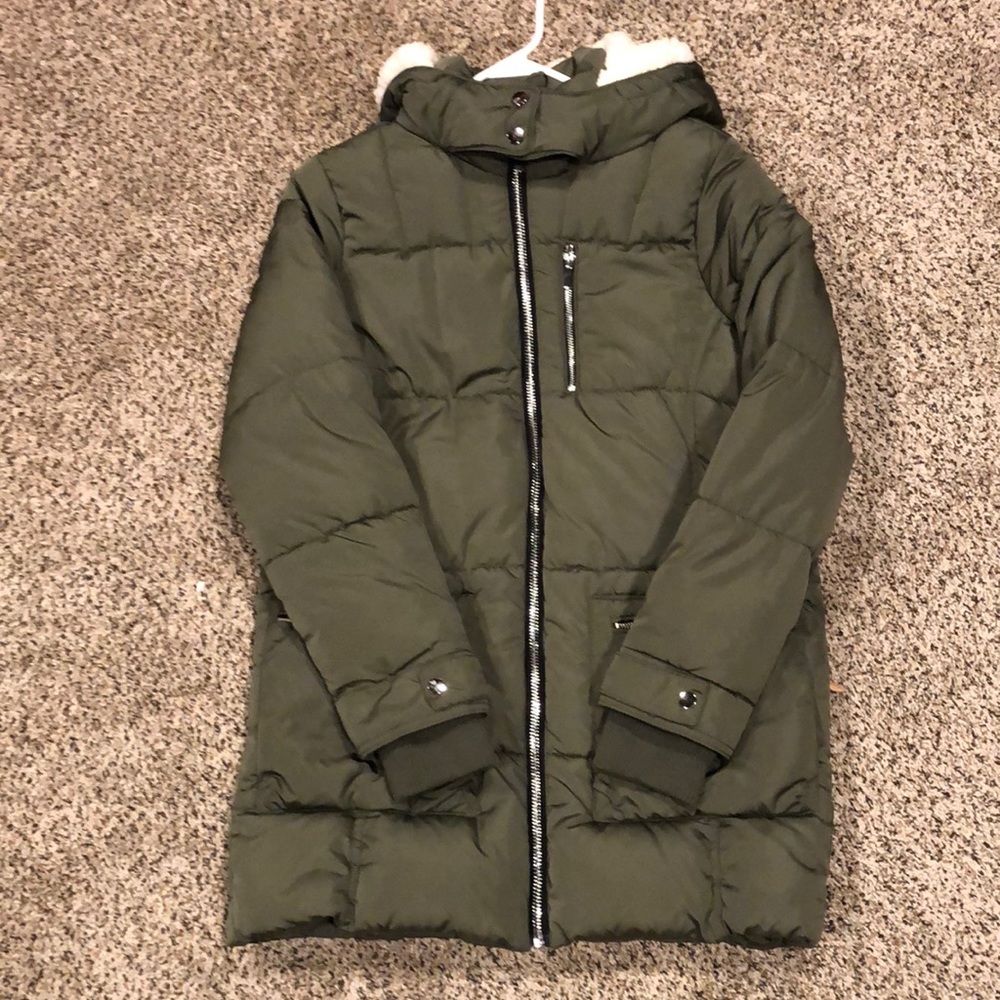 Olive Sherpa lined hooded puffer outerwear jacket